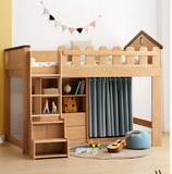 全實木兒童床，北歐橡木上床下桌帶衣柜一體，現代簡約高低床