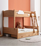 全實木高低床，現代簡約橡木1.2m兒童床，北歐臥室梯柜中高床